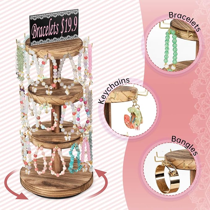 Pinzoveco Bracelet Holder, 3 Tier Wooden Rotating Bracelet Display Stand - Image 3