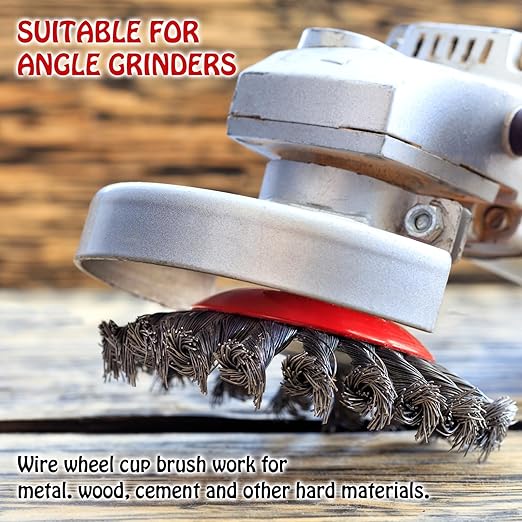 4 PCS Wire Wheel Brush for Angle Grinder, 4” Wheel Brushes, 3” Cup Brush Set for 4 1/2 Grinders, 5/8 -11 Threaded Arbor, 0.020In Twisted Knotted Carbon Steel for Removal Rust