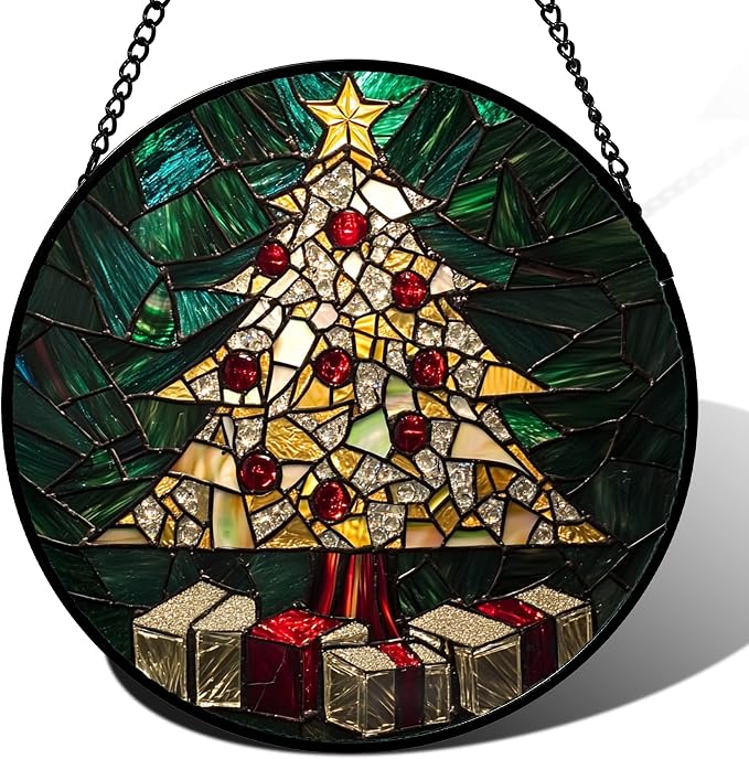 Stained Glass Window Hanging -Golden Christmas Tree Suncatcher by HWRHTR