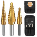 KENDO Step Drill Bit Set, Double Cutting Blades High Speed Steel Step Drill Bits for Metal, Wood Hole Drilling, Plastic, Total 28 Step Sizes Taper Drill bit Set, DIY Lovers with Bag, 3 Pieces