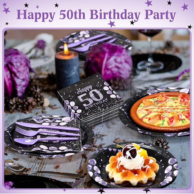 Pickmesh 400 Pcs 50th Birthday Party Supplies Purple Black Happy 50th Birthday - Image 5