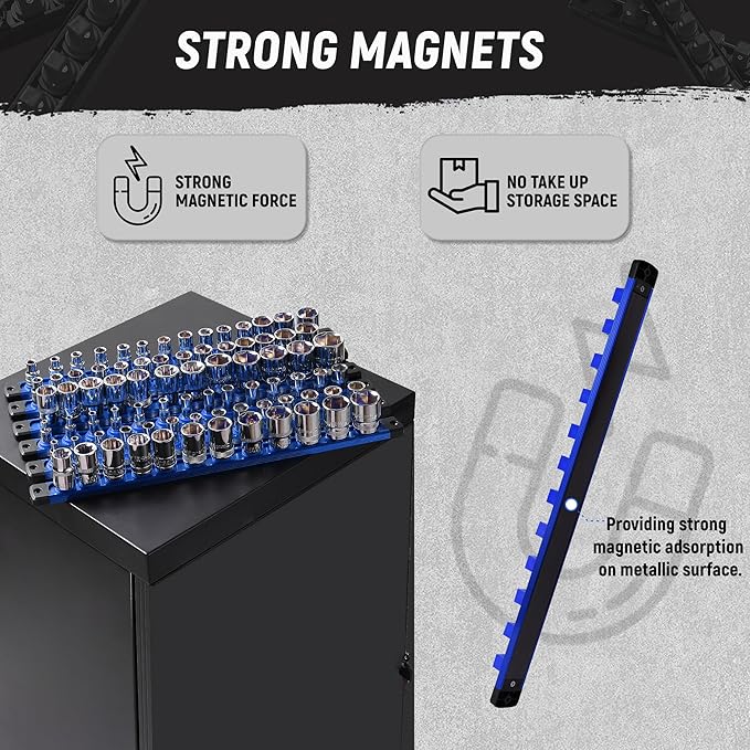 ALOANES Magnetic Socket Organizer, 1/2-Inch Drive Aluminum Socket Holder Socket Tray, Heavy Duty Socket Rail Organizer for Tool Box Drawer, 360°Swivel Clips Socket Rack 1/2-Inch x 12 Clips (Blue)
