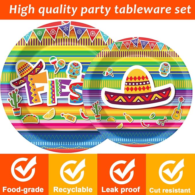 96 Pieces Fiesta Party Decorations Mexican Plates Tableware Set - Image 4
