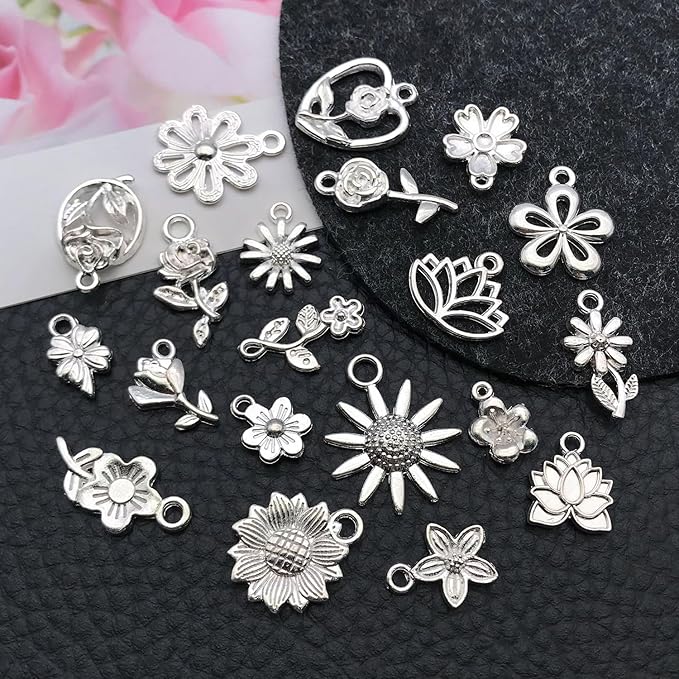 WOCRAFT 60pcs Bright Silver Flowers Bracelet Charms - Image 3