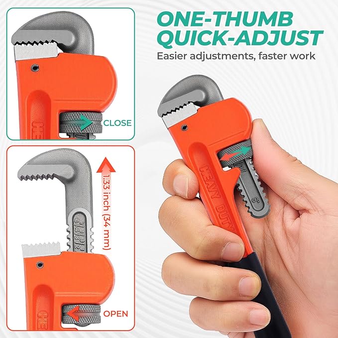 Heavy Duty 8 Inch Adjustable Pipe Wrench - Mini Straight Plumbing Tool for Tight Spaces & DIY Repairs