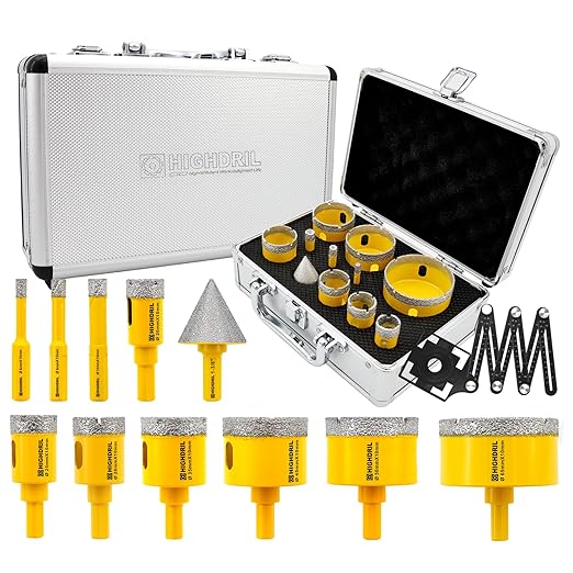 HIGHDRIL Multi Angle Measuring Ruler 5-Hole Drill Locator & Diamond Drill Bit Kit Triangle Shank for Porcelain Tile Ceramic Marble (6/8/10/20/25/28/35/45/50/65+35mm Hex Shank Chamfer Beveling Bit)