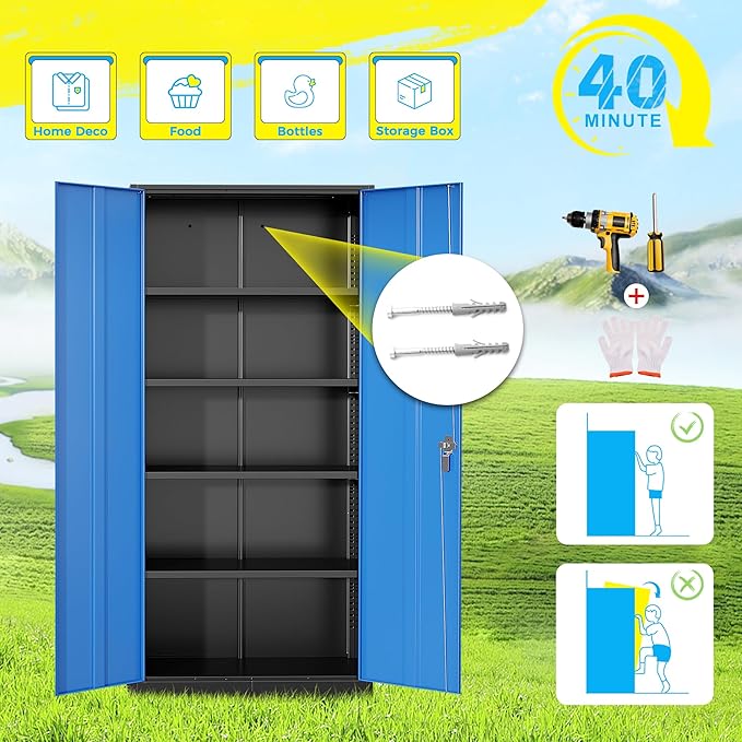 Pataku Metal Storage Cabinet, 72" Garage Cabinet with Doors and Shelves Lockable Steel Multifunctional Cabinets, File Cabinets for Home, Office, Warehouse(Black Blue)