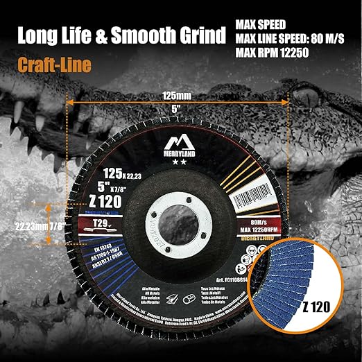 Merryland Flap Disc 5 inch Metal for Angle Grinder, 5inch 120 Grit T29 Flap Wheel 20 Pack, Blue Zirconium Corundum INOX Stainless Steel Iron Universal, Craft-Line FC1108614-20