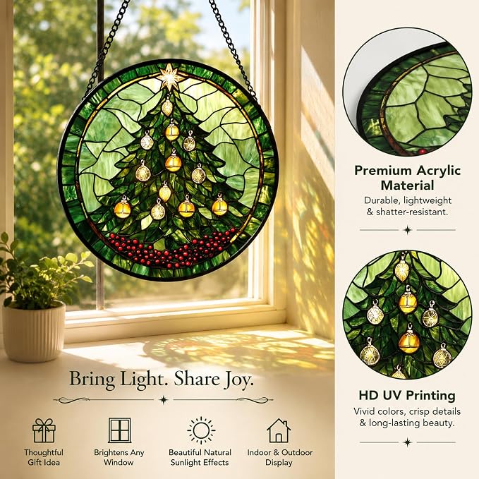 Christmas Tree Acrylic Suncatcher Faux Stained Glass Window Hanging 6.3" | - Image 5