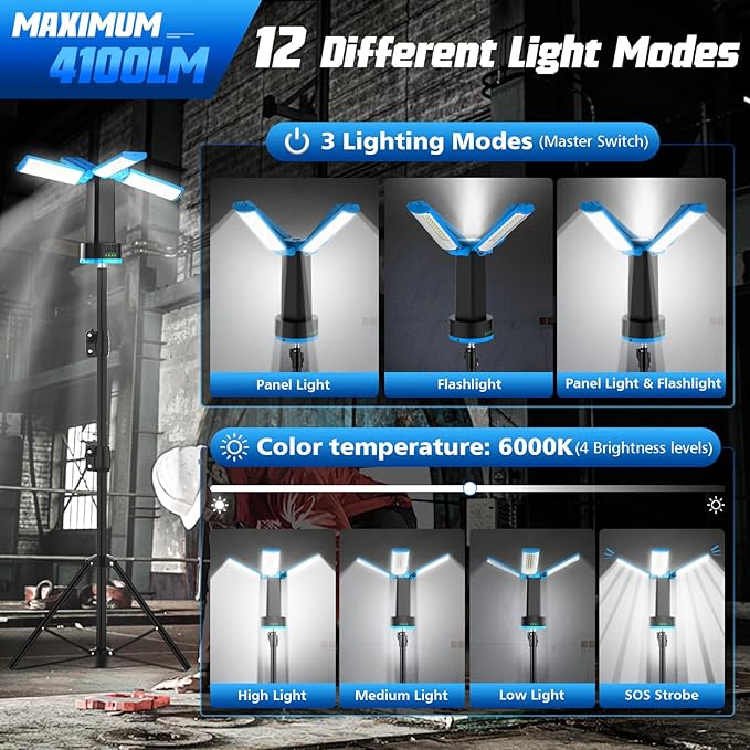T-SUN Rechargeable Work Light with Stand, 6000K Camping Light with 4 LED Lamp Heads, 10400mAh Cordless Work Light for Job Sites, Emergency & Camping, Detachable Tripod & Storage Bag Included