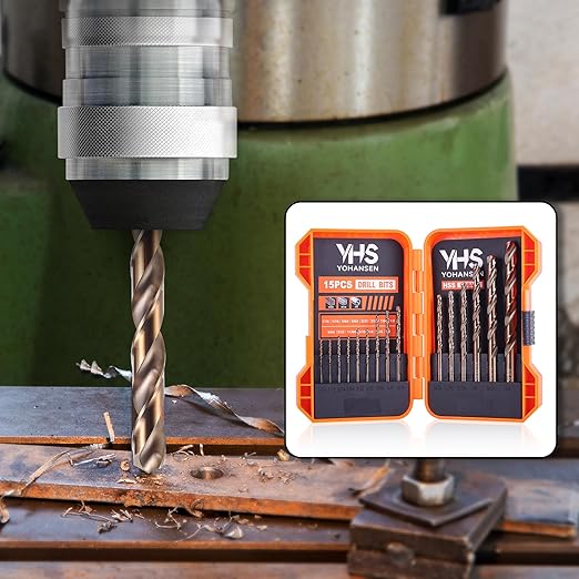 15Pcs Cobalt Drill Bit Set (1/16"-3/8"), M35 High Speed Steel, Twist Jobber Length for Hardened Metal, Stainless Steel, Cast Iron, Wood, and Plastics, with Index Storage Box