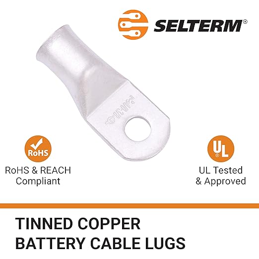 SELTERM 2pcs 4/0 AWG 3/8" Stud Tinned Copper Wire Lugs, Battery Lugs, Ring Terminals, Battery Cable Ends, 0000 Gauge Ring Terminal Connectors, UL Marine Grade Electrical Battery Terminal Connectors