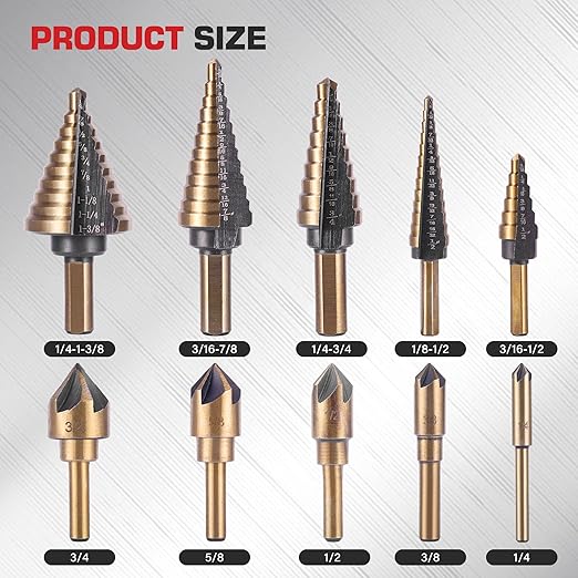 5Pcs Step Drill Bit & 5Pcs Countersink Drill Bit Set, Titanium Coated, HSS Step Bit, 50 Sizes of Step Bit for Metal with Aluminum Case, Multiple Hole Stepped Up Bits for DIY