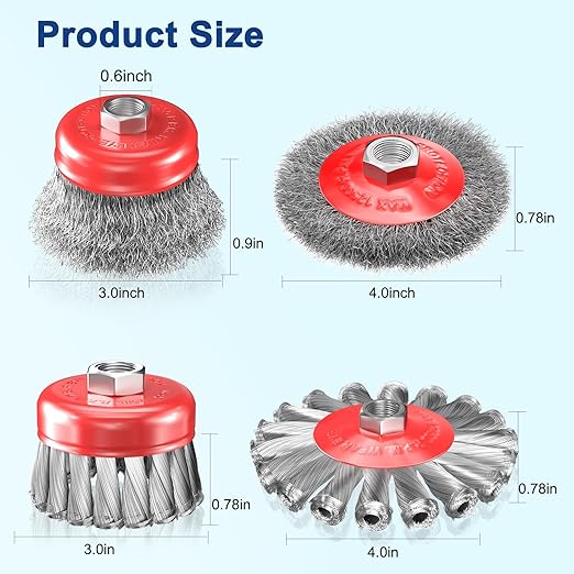 7 PCS Wire Wheel Brush for 4-1/2" Angle Grinder, Carbon Steel Knotted & Crimped Cup/Wheel Brushes (3" & 4"), Heavy Duty Rust, Paint, Corrosion Removal, 5/8"-11 UNC Threaded Arbor