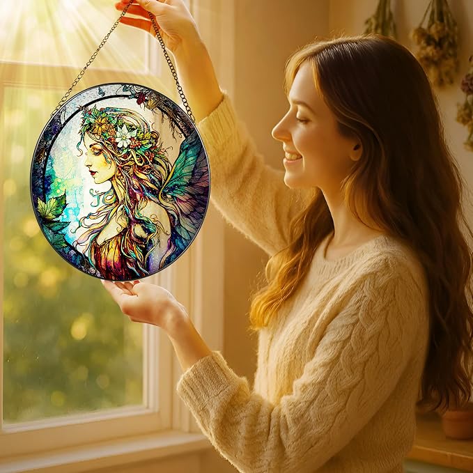 Stained Glass Window Hanging, LAOWEIKI 8'' Fairy Suncatcher, Stained Glass - Image 2