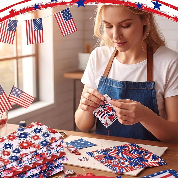 HunnmingRe 20 Pcs 10''x10'' Patriotic Quilting Fabric Square Red White Blue - Image 6