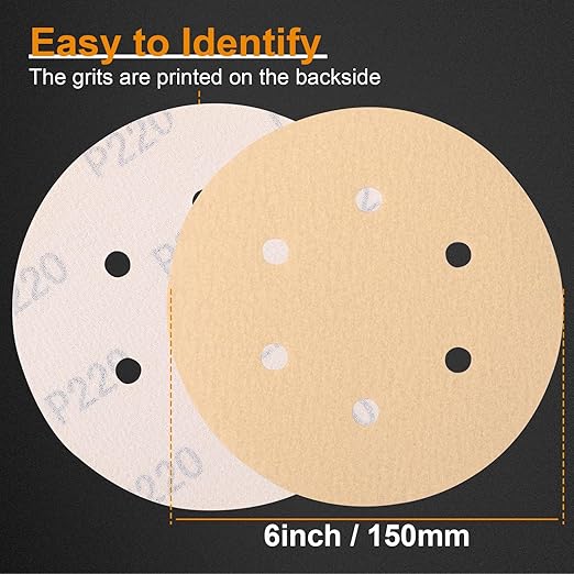 100 PCS 6 Inch Sanding Discs 220 Grit, 6 Hole Hook and Loop Round Sandpaper for Random Orbital Sander