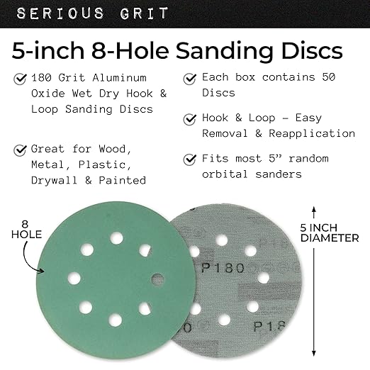 Sanding Discs 5 Inch 8 Hole 180 Grit - Heavy-Duty Hook & Loop Wet Dry Film Sandpaper Discs - Very Fine Sand Paper for Random Orbital Sanders - Wood, Automotive, Metal, etc - 50 Pack Box