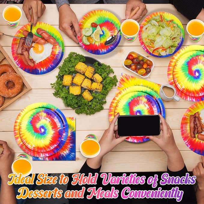 Mimorou 240 Pcs Tie Dye Party Tableware Set Decorations, 120 Plates, 60 Cups & - Image 6