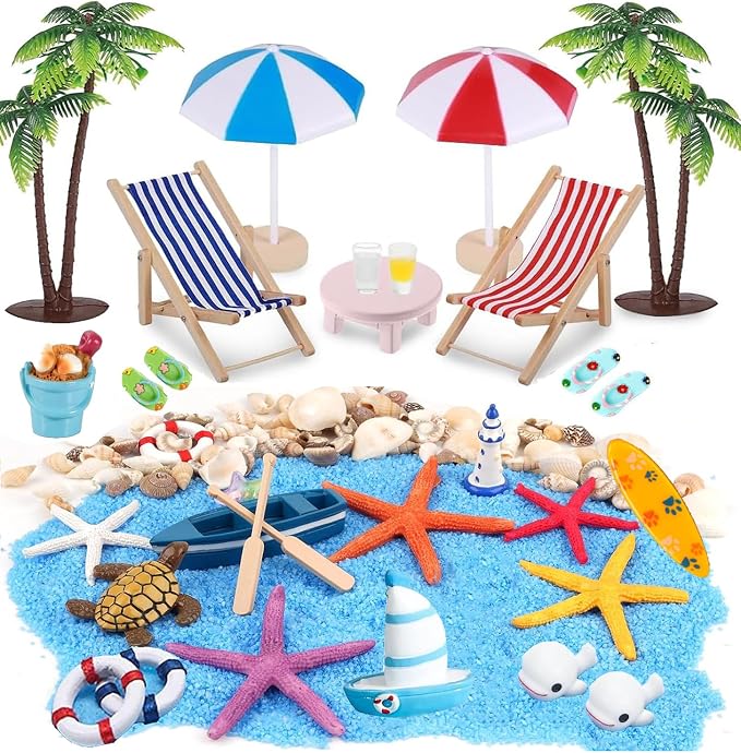 31 Pcs Beach Miniature Dollhouse Decoration, Umbrella Palm Chair Miniature Toys by EIKEJI