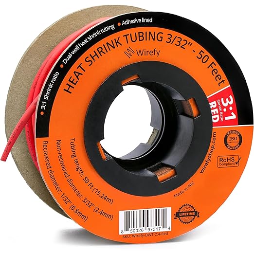 Wirefy 3/32" Heat Shrink Tubing - 3:1 Ratio - Adhesive Lined - a Resistant Heat Shrink - Red - 50 Feet Roll