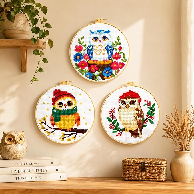 Zhenqing 3-Piece Owl Cross Stitch Kit Stamped Embroidery Kit 11CT Printed Aida - Image 2