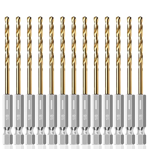13PC 1/8" Titanium Coated Twist Hex Shank Drill Bit Set, 135 Degree Tip HSS Drill Bit Sets, Impact Driver Drill Bits for Wood, Steel, Metal, Plastic with Quick Change Design