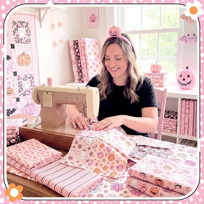 HunnmingRe 20 Pcs 10''x10'' Pink Halloween Quilting Fabric Square Pink Spooky - Image 3