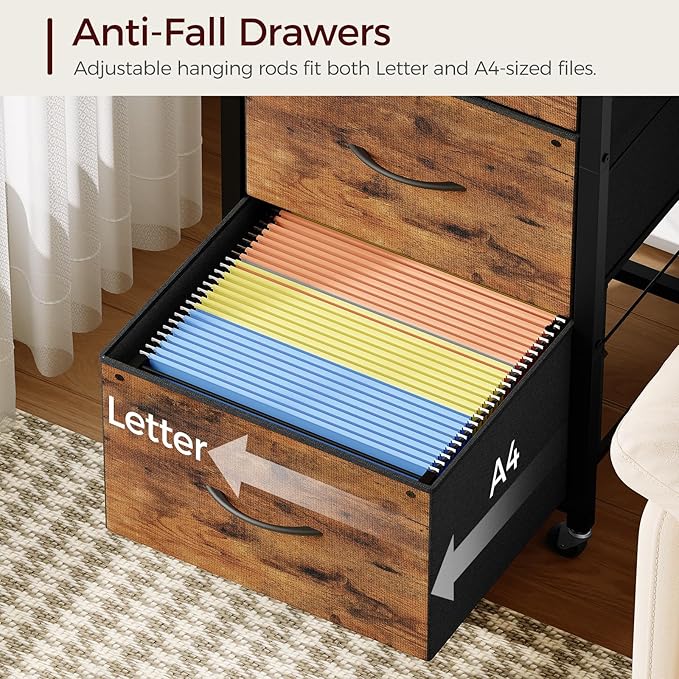 3 Drawer File Cabinet, Vertical Filing Cabinet with Wheels, Printer Stand with File Cabinet, Adjustable Hanging Rods, fits A4/Letter Size, for Home Office, Rustic Brown and Black FCHR5901