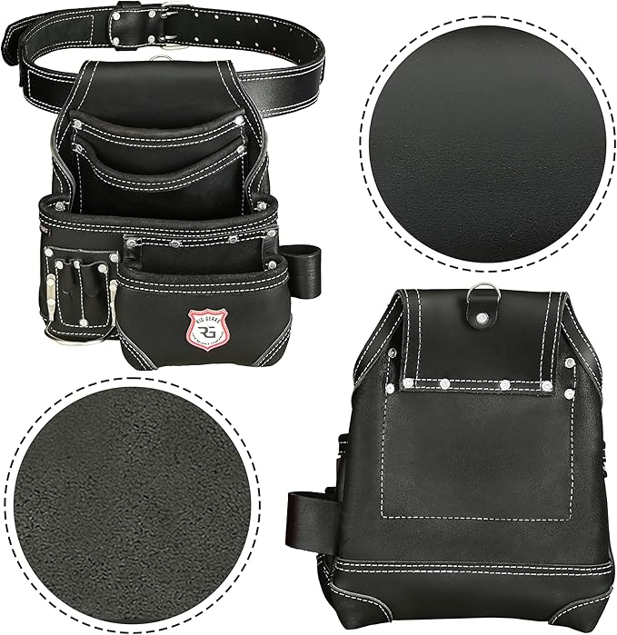 Leather Tool Belt 8 Pockets Leather Tool Pouch | Carpenters Tool Belts For Men Construction Tools Apron Tool Bag Organizer Utility Pouches (Black, Standard)