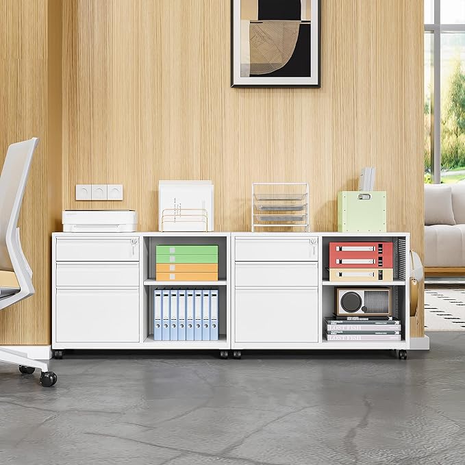 Mobile Filing Cabinet with Lock,Metal Lateral File cabinets Printer Stand with Storage Cabinet for Home Office,A4/F4/Letter (White-3 Drawer)