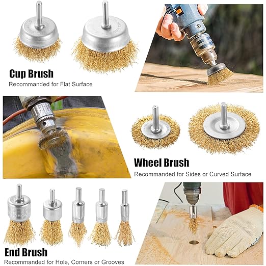 Wire Brush for Drill Set, 9Pcs Cup, Wheel & End Brush Kit with 1/4” Shank, Brass Coated Drill Brush Attachments for Rust Removal, Stripping, and Abrasive