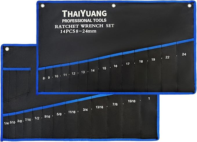 2-Pieces Wrench Roll Up Pouch, Heavy Duty Canvas Tool Wrench Organizer Bag 14pockets Metric+ 13pockets SAE (Only Pouch)