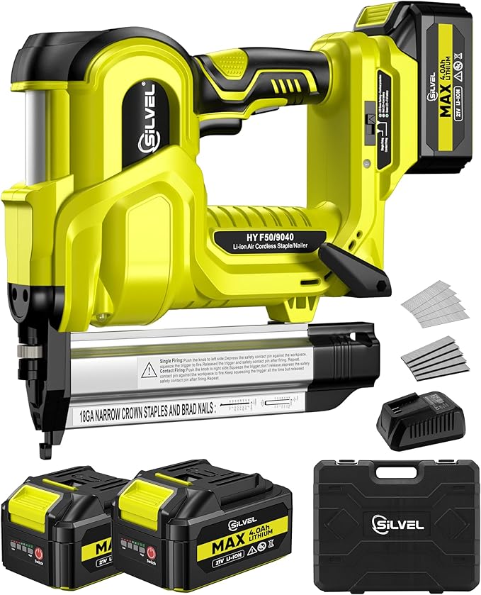 SILVEL 2" Cordless Brad Nailer, 2-in-1 21V Electric Brad Nailer with 2 * 2.0Ah Battery, 1000pcs Nails, 18GA Staples, Adjustable Depth for Woodworking, Home Improvement, Green