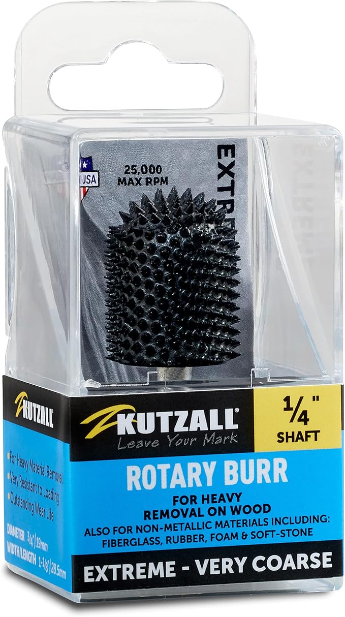Kutzall Extreme Ball Nose Rotary Burr 1⁄4" Shaft, Very Coarse - Wood Carving Bit for Bosch, DeWalt, Milwaukee. Abrasive Tungsten Carbide 3⁄4"(19mm) Dia. X 1-1⁄8"(28.5mm) Length, BNX-34C