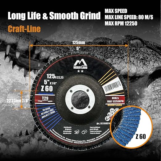 Merryland Flap Disc 5 inch Metal for Angle Grinder, 5inch 60 Grit T29 Flap Wheel 10 Pack, Blue Zirconium Corundum INOX Stainless Steel Iron Universal, Craft-Line FC1108314-10