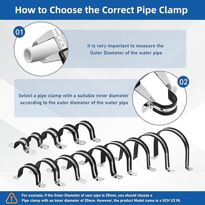 Pipe Clamps NPS 3/4 Inches （Φ27MM）- 304 Stainless Steel & Rubber Lining 10 Pack