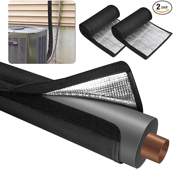 3 Layers HVAC Copper Pipe Insulation Cover Protector,Flexible AC Copper Line Insulation Sleeve,600D Oxford 72x10.2 Inch AC Pipe Insulation Wrap for Outside Central Air Conditioning Splits Black 2Pack