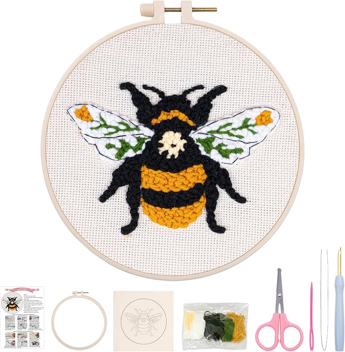 Nuberlic Punch Needle Kit for Beginners Cute Bee Pattern DIY Hoop Embroidery by Nuberlic