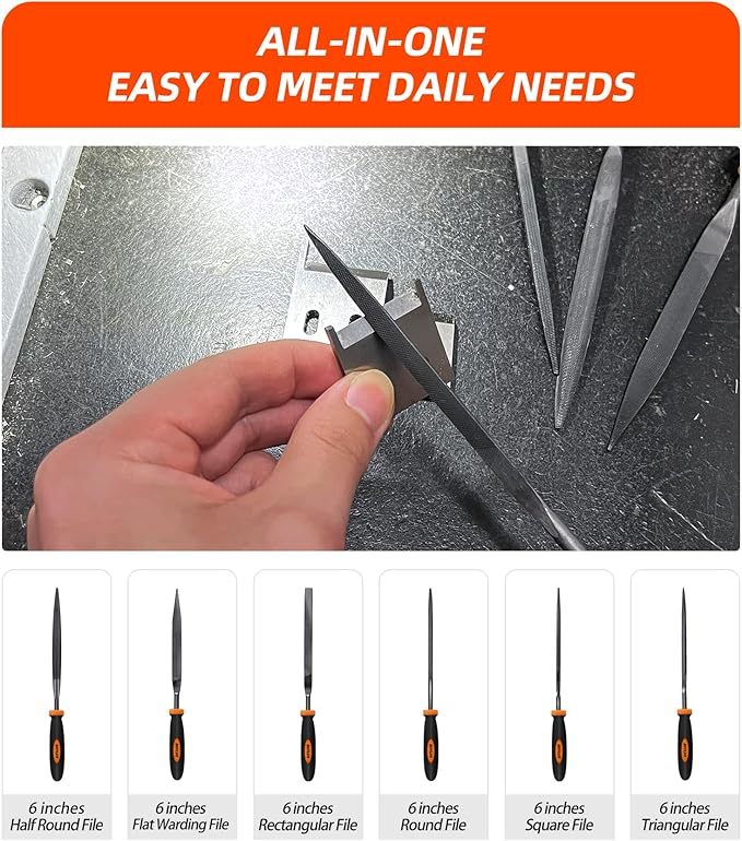 Needle File Set - Carbon Steel 6-Piece Set Includes Flat, Flat Warding, Square, Triangular, Round, Half-Round Files