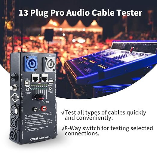 MFL. 13-Plug Audio Cable Tester Line Finder Black 13-in-1 Cables Checker 8-Way Switch Wire Tracker with LED Indicators, Rectangular