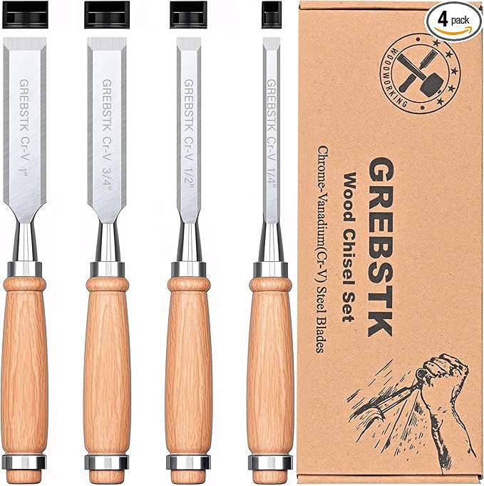 GREBSTK 4 Pcs Wood Chisel Set, CRV Steel Bevel Sharp Edge Bench Chisels with Safety Caps, Comfortful Beech Handle, for Woodworking and DIY Projects, 9.5"x(1/4", 1/2", 3/4", 1")