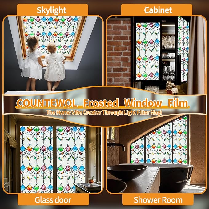 Countewol Frosted Privacy Window Film Stained Glass Style Adhesive-Free - Image 6