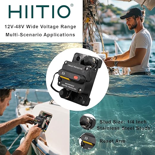 60 Amp Marine Circuit Breaker, IP67 Waterproof Manual Reset Switch, 12V-48V DC Circuit Breaker, 3/8" Studs, for Boat Trolling Motor/Marine ATV/Battery/Solar System, Suface Mount (60A)