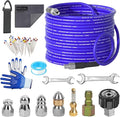 NIFUAL 150FT Sewer Jetter Kit for Pressure Washer, 5800PSI Drain Cleaner Hose 1/4 Inch NPT Corner, Rotating and Button Hose Sewer Jetting Nozzle Waterproof Tape Pearl Corsage Pin Spanner Glove