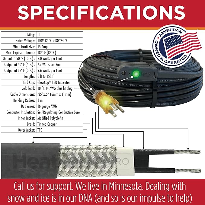 RADIANT SOLUTIONS HeatTapePro - Intelligent Commercial Grade Self-Regulating Heat Cable with GlowCap™ - 10 YR warranty - Ice Dam & Pipe Freeze Protection - 100 ft cable + 10 Ft Cord, 120V, 6 watts/Ft