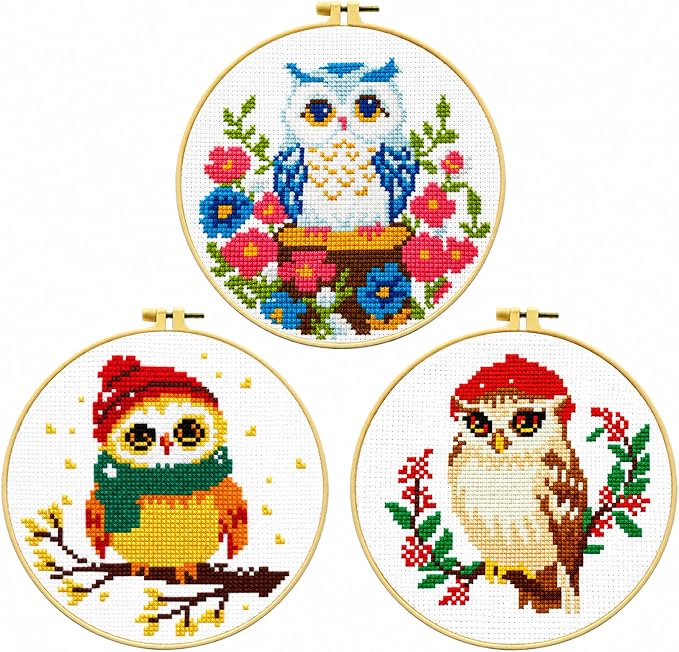 Zhenqing 3-Piece Owl Cross Stitch Kit Stamped Embroidery Kit 11CT Printed Aida by Unknown