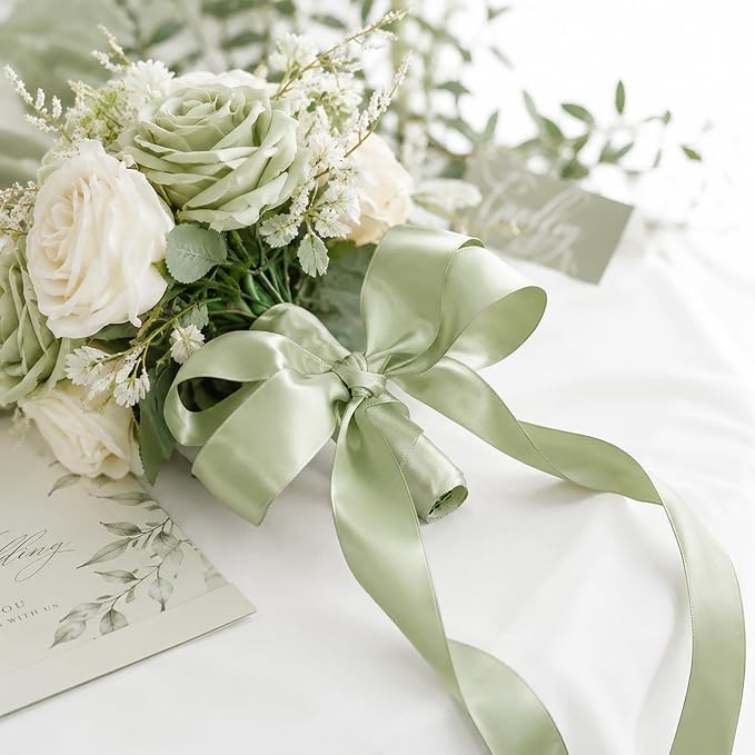 HUIHUANG Sage Green Satin Wired Ribbon 1-1/2 inch Spring Moss Wire Edge Ribbon - Image 5