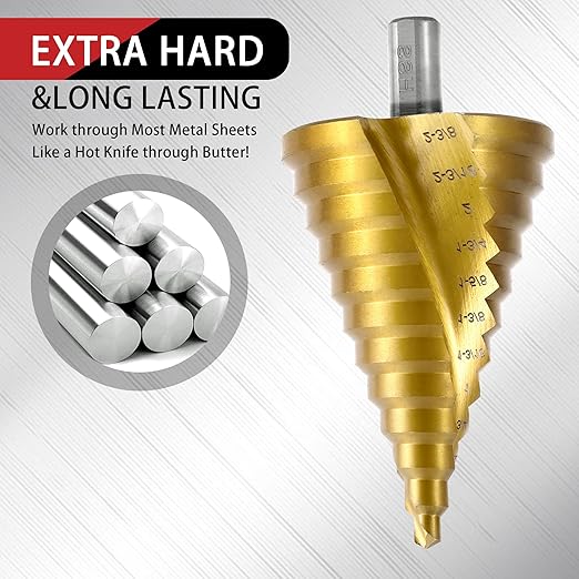 HSS Spiral Groove Step Drill Bit, 12 Steps High-Speed Steel 1/4" to 2-3/8" Drill Bit for Stainless Steel, Aluminum, Plastic, and Wood, Large Multiple Hole Stepped Bit