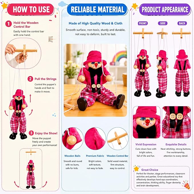 Meooeck 6 Pack Wooden Marionette Puppets Pull String Puppets, Include 6 Colors - Image 3